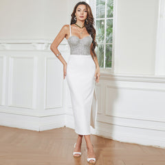 Vestido tubo sin mangas con corsé de acero con almohadillas en el pecho y cuentas de diamantes de imitación