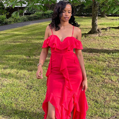 Solid Color Dress Spaghetti Straps Sleeveless Ruffled Irregular Asymmetric Maxi Dress