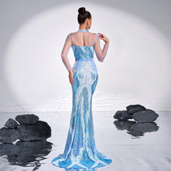 High End Long Sleeve Crew Neck Mesh Sequ Cocktail Long Evening