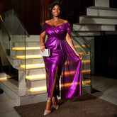 Vestido de cóctel de noche con escote en V y hombros descubiertos, vestido plisado con mangas cortas