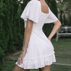Embroidered Hollow Out Cutout Lace Square Collar Bell Sleeve Pleated Lace Dress