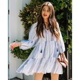 V neck Layered Tassel Dress Casual Loose Striped Dress
