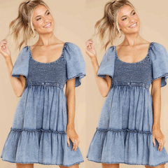 Close-Fitting Fresh Sweet Babydoll Denim Dress Smocked