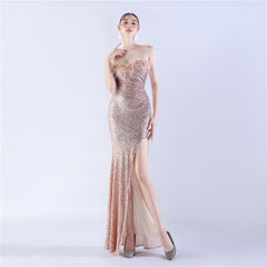 Ostrich Feather Shrink Folding Wrinkle Craft Host Dinner High End Evening Dress