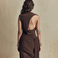 Solid Color round Neck Sleeveless Waist Tight Pleated Backless Elegant Dress