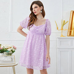 French Square Collar Puff Sleeve High Waist Pettidress Backless Dress