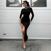 Arrival Slim Long Sleeve Back Hollow Out Cutout out High Slit Dress