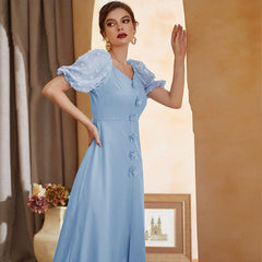Dress Applique Embroidered Blue High Waist Short Sleeve Puff Sleeve Maxi Dress Summer