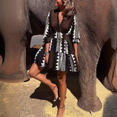 Positioning Printing Long Sleeve V neck Swing Dress