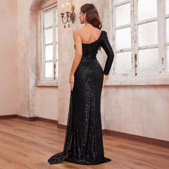 Prom Evening Dress Sequined Rhinestone One Shoulder Sleeve Hollow Out Cutout out Party Evening Dress