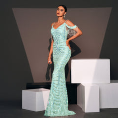 Strap Elegant V Neck Long Sequined Cocktail Fishtail Evening Dress Bridesmaid Dress