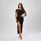 Maxi Dress Solid Color Off Neck Tight Slit Dress