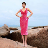 Mid Length to Long Sequin Sling V neck Cocktail Evening Dress Bridesmaid Dress