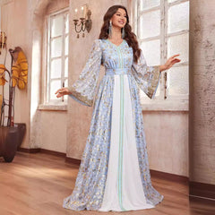 High Class Dubai Maxi Middle East Dress Printed V neck Long Sleeve Ethnic Dress