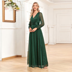 Elegant V Neck Shiny Chiffon Evening Dress A line Sheer Long Sleeve Wedding Party Dress Bridesmaid