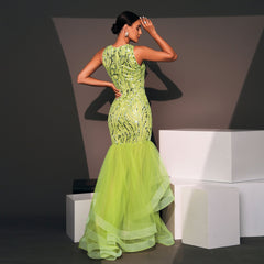 Elegantes, langes, paillettenbesetztes, ärmelloses Cocktail-Abendkleid mit Rundhalsausschnitt, Brautjungfernkleid