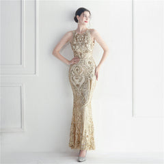 Vestido largo de fiesta de boda con lentejuelas y diseño floral con cuentas y estrellas