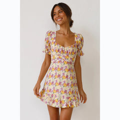 Kurzes Kleid mit digitalem Blumenmuster, frisch und süß, in A-Linie