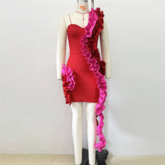 One Shoulder Sleeveless Pleated Lace Bandage Dress Ladies Party Dress