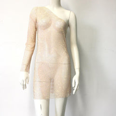 Wear Elastic Mesh Drilling Sloping Shoulder Dress Party Dress for