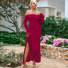 Vestido tubo maxi con espalda descubierta y mangas largas con abertura lateral asimétrico irregular