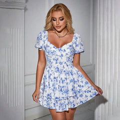 Sweet Dress Printed Slim Fit Short Sleeve Tiered Dress Short Dress