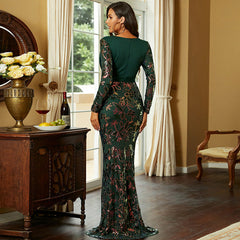 Elegant Wedding V-neck Long-Sleeved Sequined Banquet Sheath Fishtail Evening