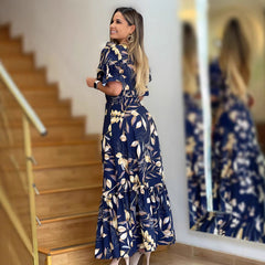 V neck Pocket Dress Patchwork Ruffled Slit Hemline Dress