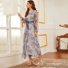 Print round Neck Lace Long Sweet Dress