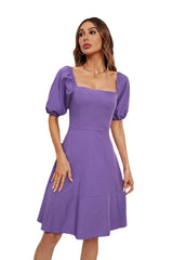 Solid Color off Neck Puff Sleeve Dress for