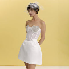 Peach Heart Drilling a Swing Strapless Dress Mesh See through Backless Dress