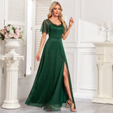 Quality Elegant Short Sleeve Square Collar Shiny Bright Tulle Evening Dress A Line Side Slit Prom Maxi Dress