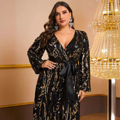 Plus Size Prom Party Dress Sequined Cross V neck Long Sleeve Dress Including Belt
