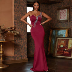 Sleeveless Off Neck Elegant Slim Fit Long Solid Color Cocktail Bridesmaid Dress
