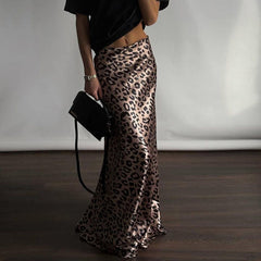 Satin Draping Skirt Leopard Print Sheath Fishtail Skirt Floor Length Dress
