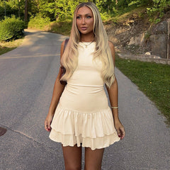 Solid Color Sleeveless Slim Fit High Waist Pleated Dress