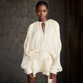 Falda de hoja de loto con mangas abullonadas, diseño plisado temprano, malla corta