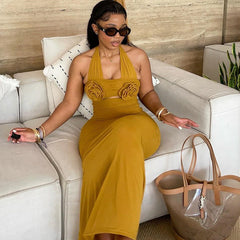 Sweet Fresh Halter Three Dimensional Floral Decoration High Waist One Step Dress Maxi Dress