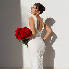 Dress High Grade White Dress Waist Slimming Deep V Plunge Bandage Dress