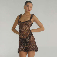 Cooles Leopardenmuster-Top mit V-Ausschnitt und offenem Rücken aus Mesh