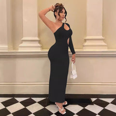 One Shoulder Diagonal Collar Long Sleeve Dress Fall Cutout Maxi Dress