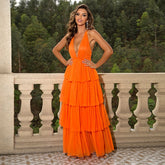 Vestido camisola largo con escote en V, cuello de peluche, espalda descubierta, dobladillo de malla y pliegues