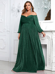 plus Size off Shoulder Long Sleeve Dress Solid Color Simple Dress Cocktail Evening Gown for