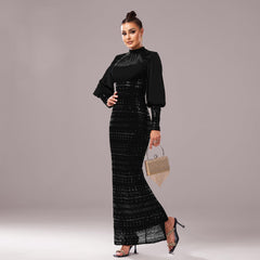 High Grade Long Sleeved round Neck Cocktail Sequined Hip Split Evening Dress Bridesmaid Dress