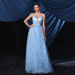 Strap Elegant V neck Long Mesh Cocktail Large Swing Evening Dress Bridesmaid