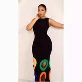 Vestido largo de corte A con cuello redondo, sin mangas, color a juego, ahuecado, recortado y bordado