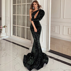 Party Formal Cocktail Small Trailing Dress Annual Party Banquet Irregular Asymmetric Fishtail Sequ Dress