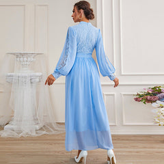 Vestido de malla de encaje con cuello redondo y manga larga