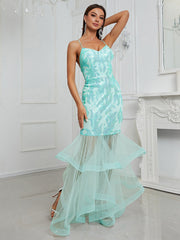 Sequin Sling Dress Vitality Party Dress Backless Fishtail Patchwork Maxi Organza