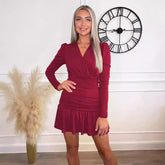 Wear Long Sleeve Dress V Neck Pleated Slim Hip Dress